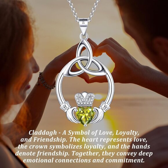 Sterling Silver Claddagh Necklace with Peridot Birthstone 18" Chain Gift for Wom - Picture 4 of 7